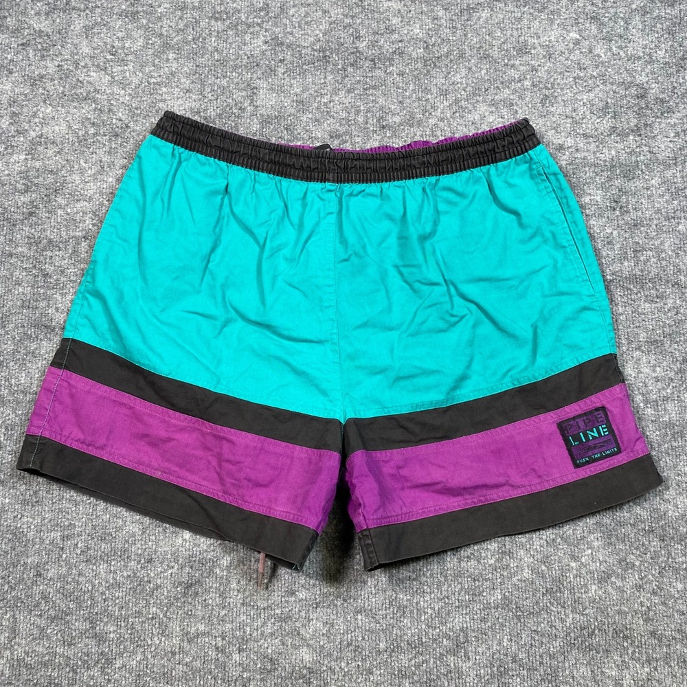 90s Pipeline Colorblock Swim Trunks Mens XL Teal Purple Black Surfer